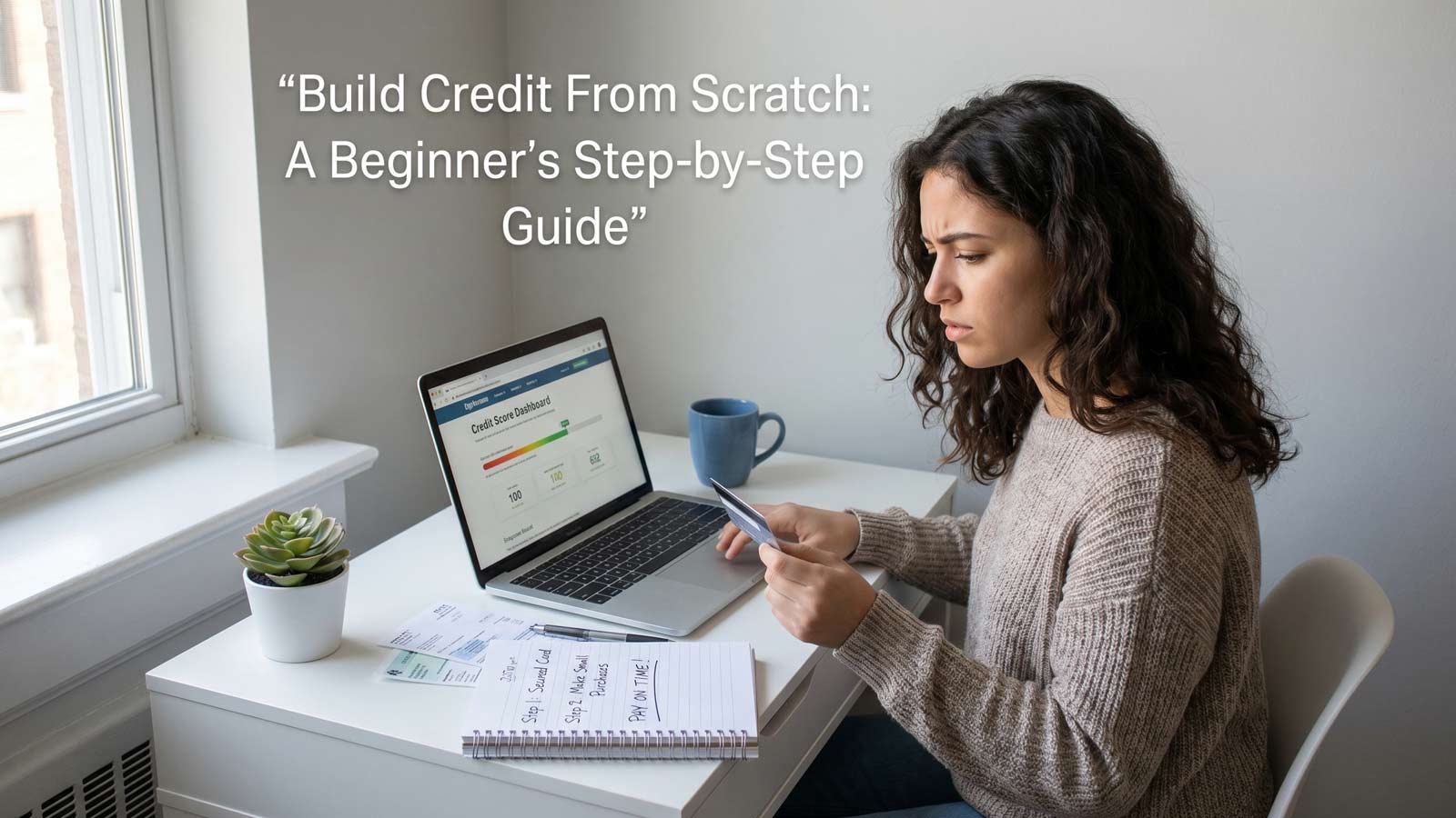 Person reviewing credit card and laptop while learning to build credit