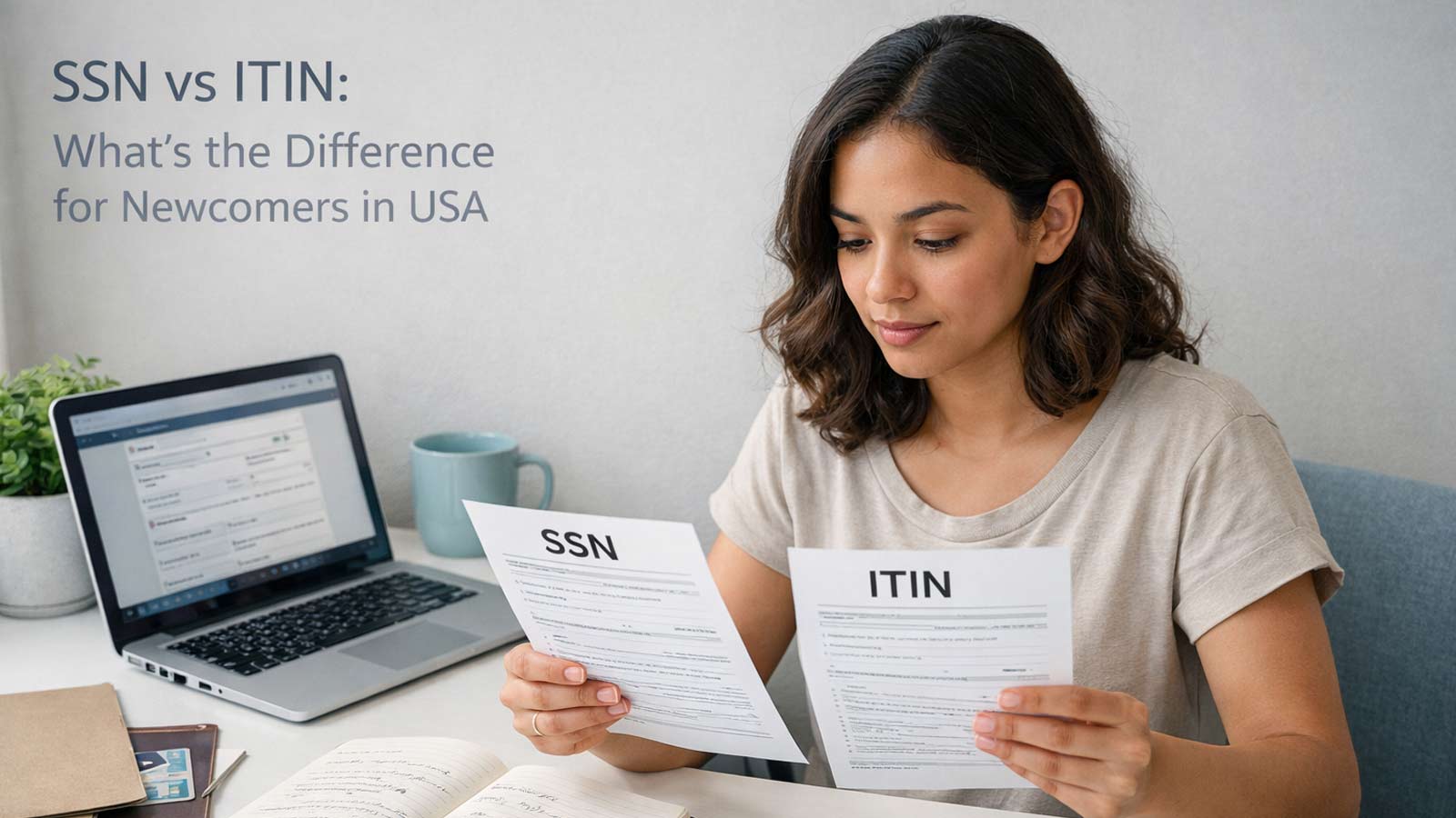 Newcomer comparing SSN and ITIN documents at home desk with laptop