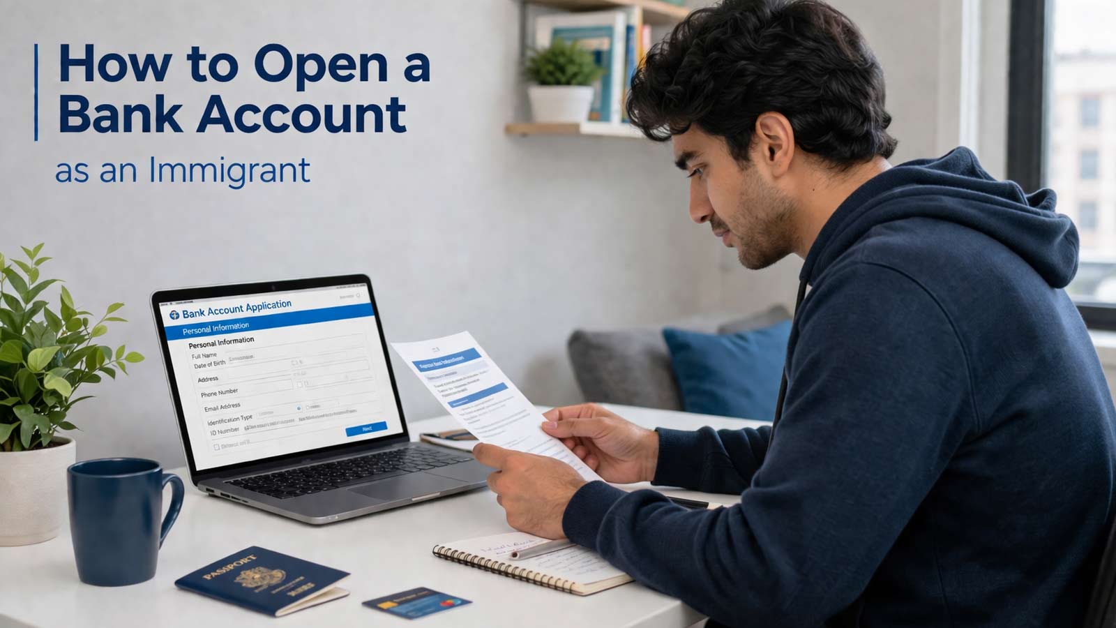 Immigrant opening bank account with laptop and documents at home desk