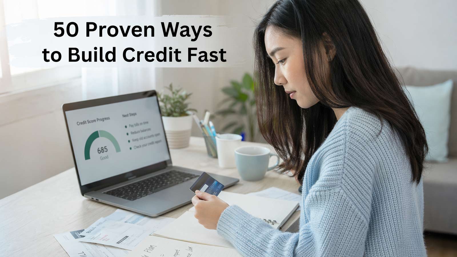 young adult reviewing credit strategies with laptop and credit card at home desk