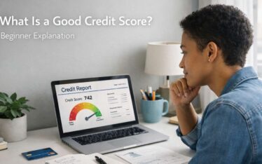 Person reviewing credit score on laptop with card and financial documents