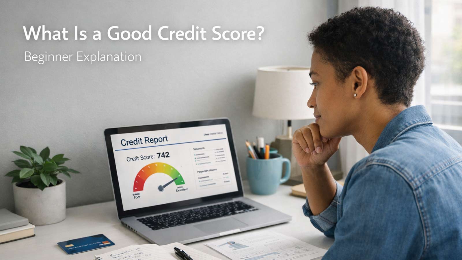 Person reviewing credit score on laptop with card and financial documents