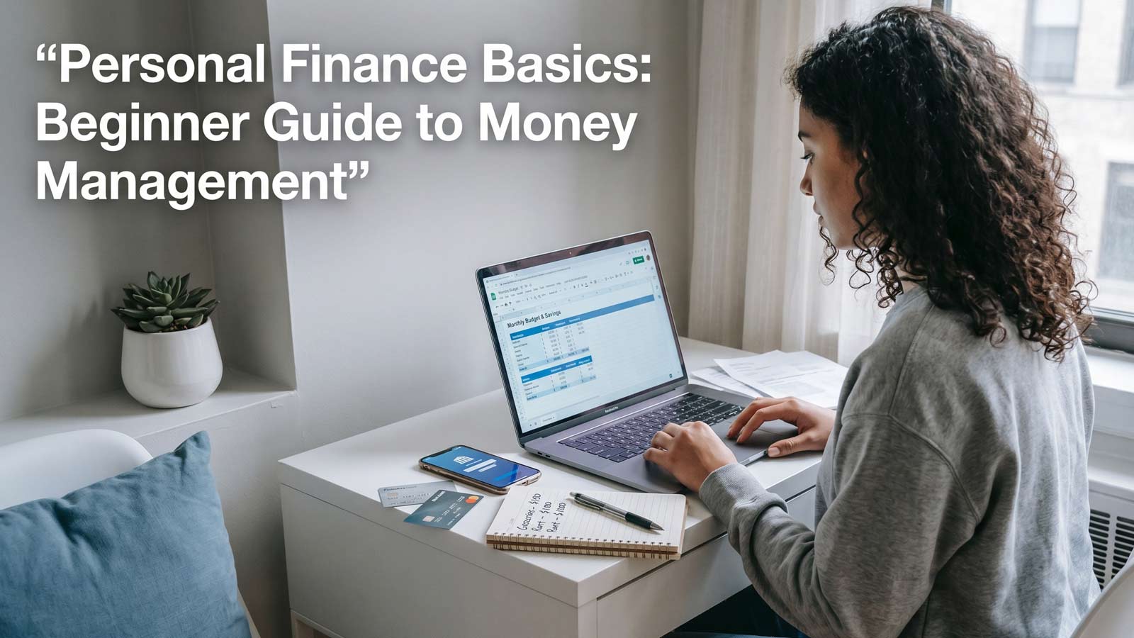 Beginner managing personal finances on laptop with notes and budgeting setup