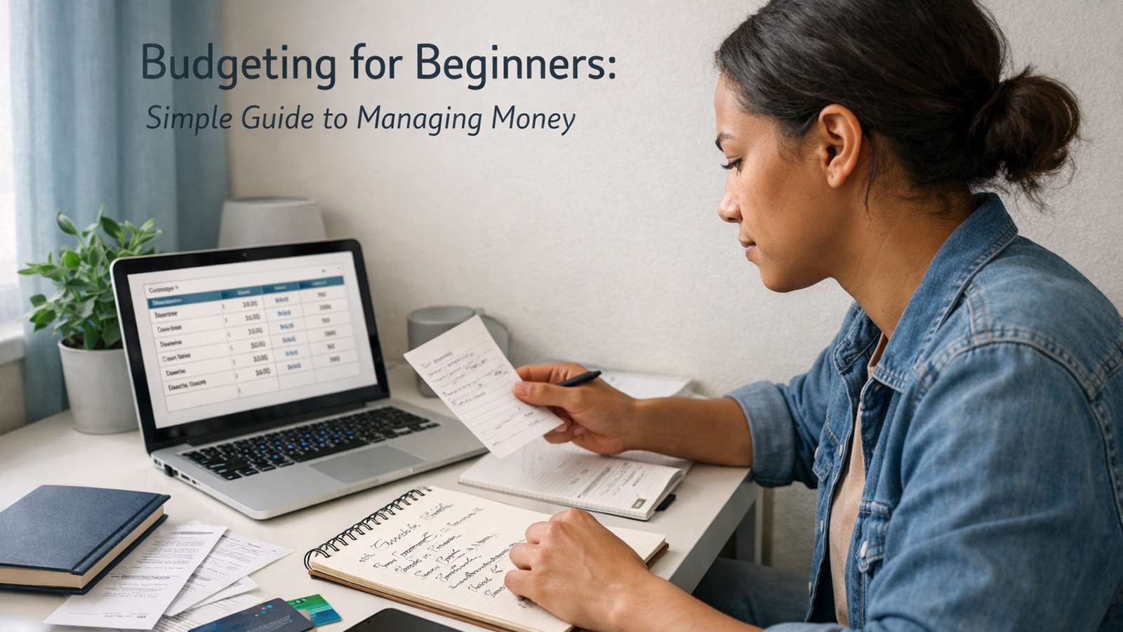 Beginner organizing budget on laptop with notes and expense tracking setup