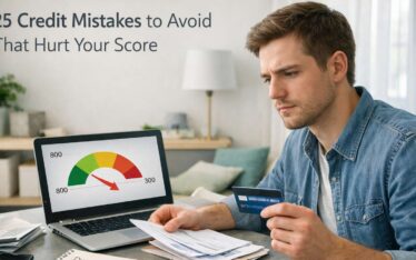 Person reviewing credit card bills and mistakes affecting credit score at home desk