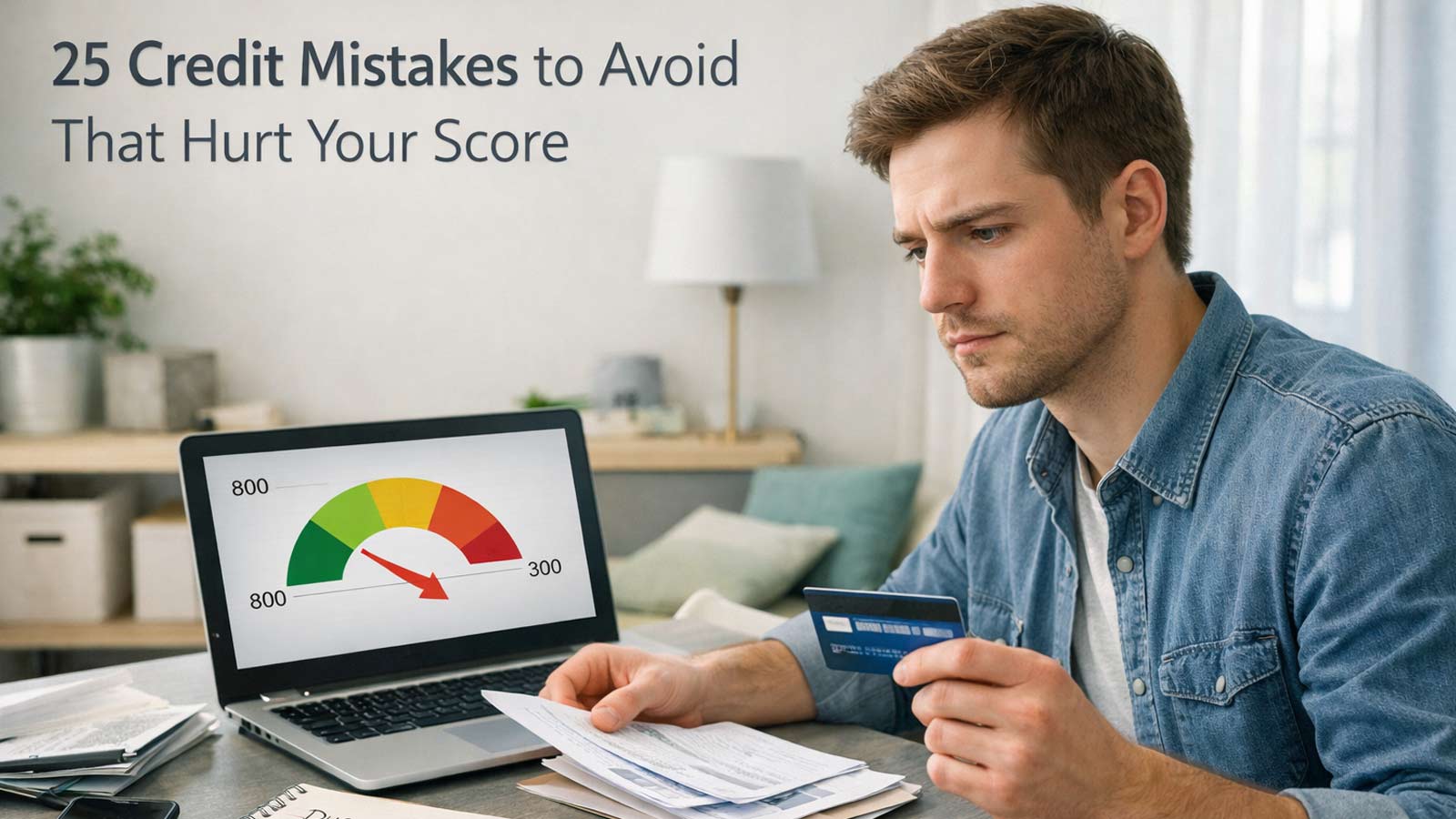 Person reviewing credit card bills and mistakes affecting credit score at home desk