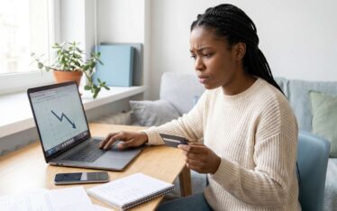 erson reviewing credit card bills and noticing credit score drop at desk