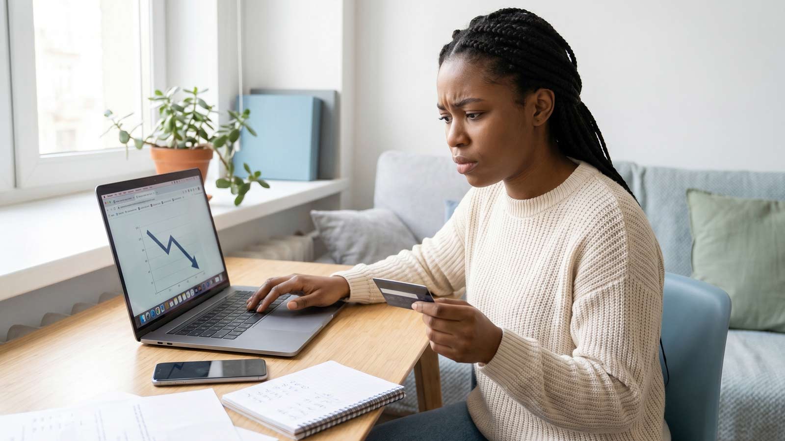 erson reviewing credit card bills and noticing credit score drop at desk