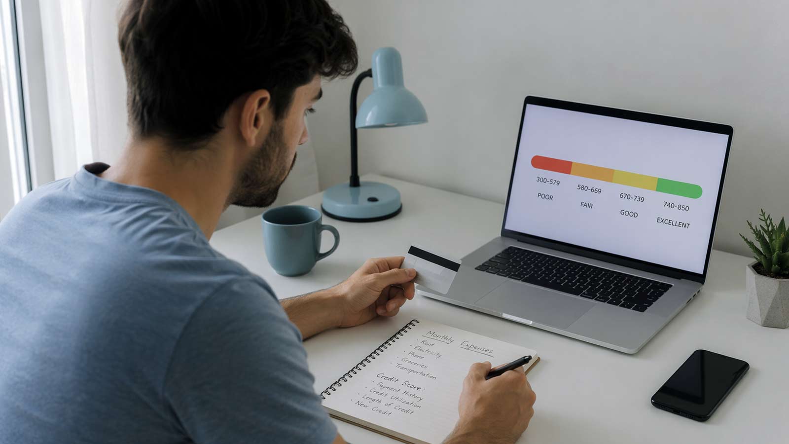 Person reviewing credit score ranges on laptop with credit card and notes