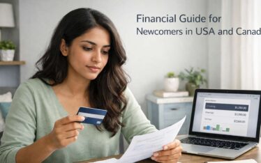 Newcomer reviewing banking documents and finances at small apartment desk