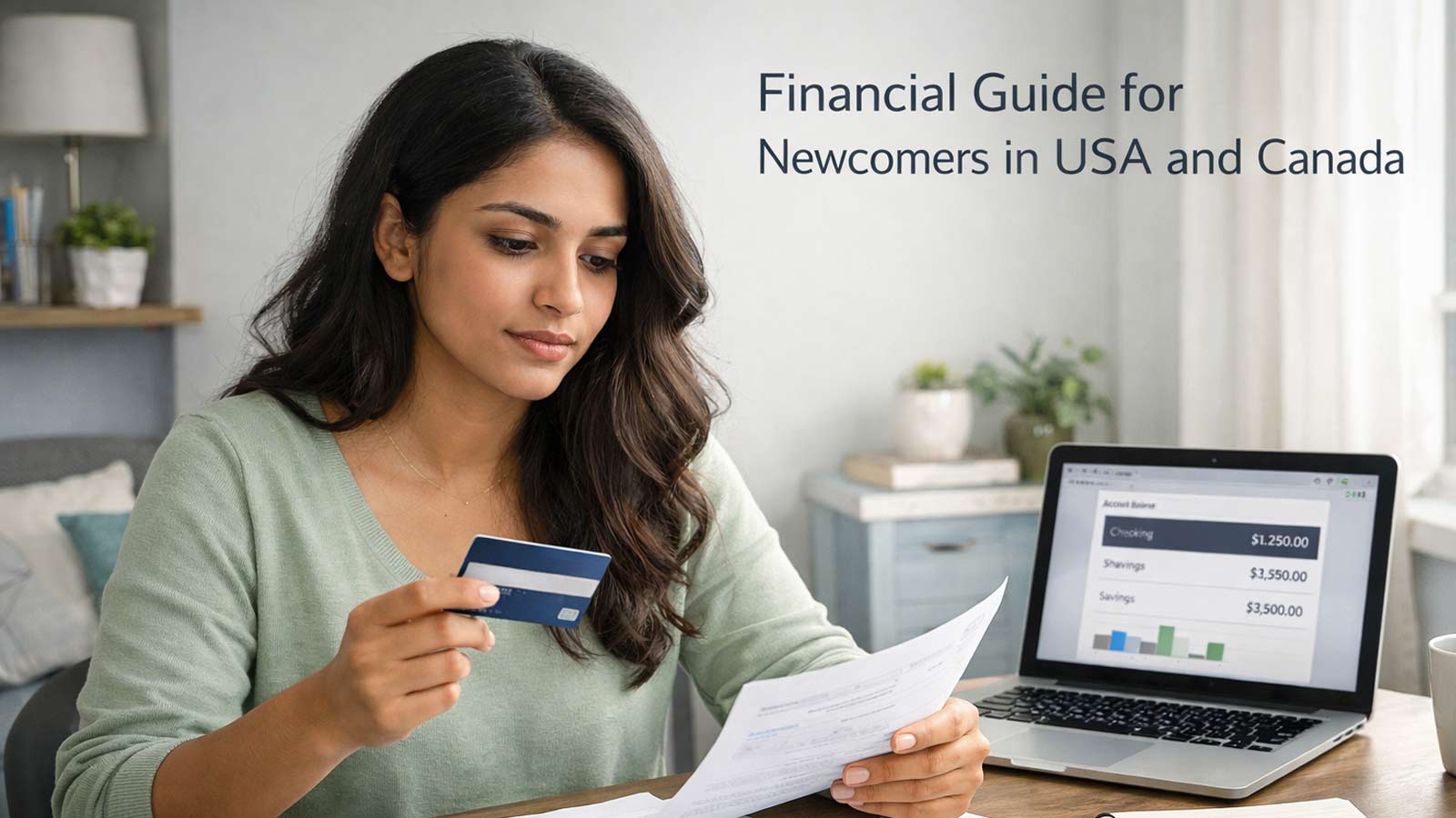 Newcomer reviewing banking documents and finances at small apartment desk