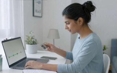 person reviewing credit building timeline on laptop with credit card at home desk