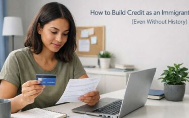 Immigrant reviewing finances with credit card and documents at home desk