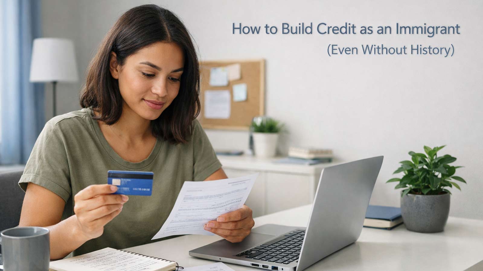 Immigrant reviewing finances with credit card and documents at home desk