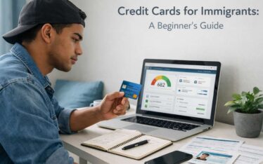 Newcomer reviewing credit card and laptop at desk learning credit basics