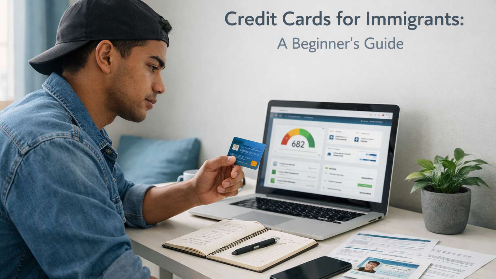 Newcomer reviewing credit card and laptop at desk learning credit basics