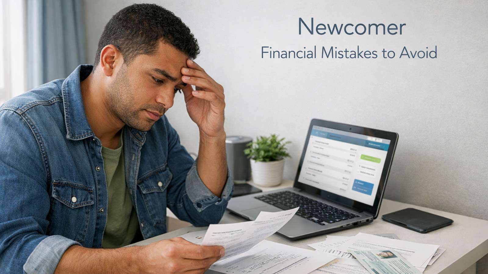 Newcomer reviewing financial documents and cards at home desk avoiding money mistakes
