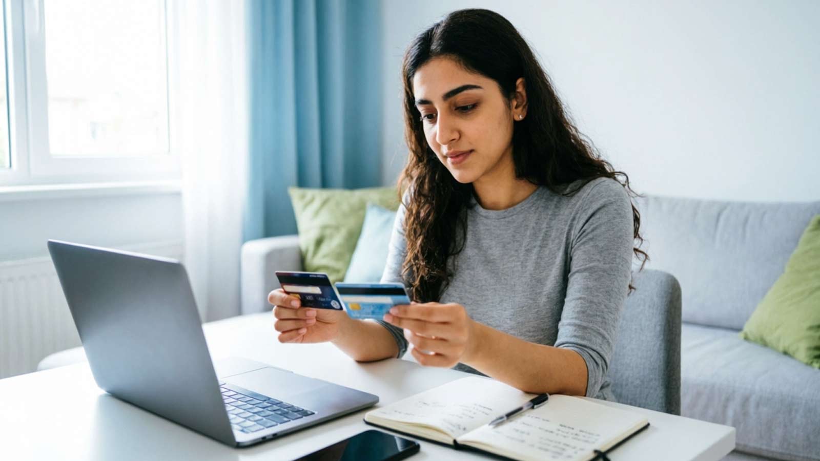 person comparing secured and unsecured credit cards at home desk