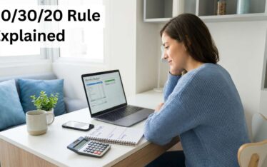 Beginner budgeting using 50/30/20 rule with laptop and notebook at home desk