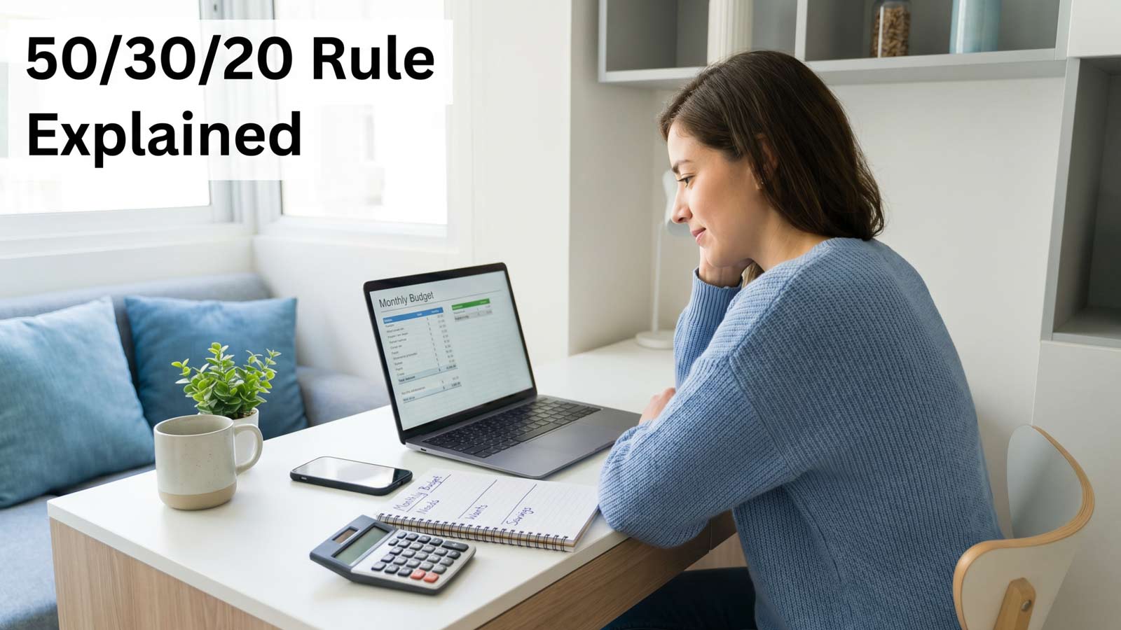 Beginner budgeting using 50/30/20 rule with laptop and notebook at home desk