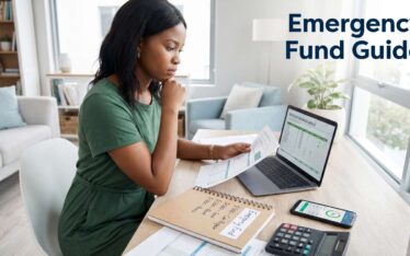 Person planning emergency fund savings with laptop and notebook at home desk