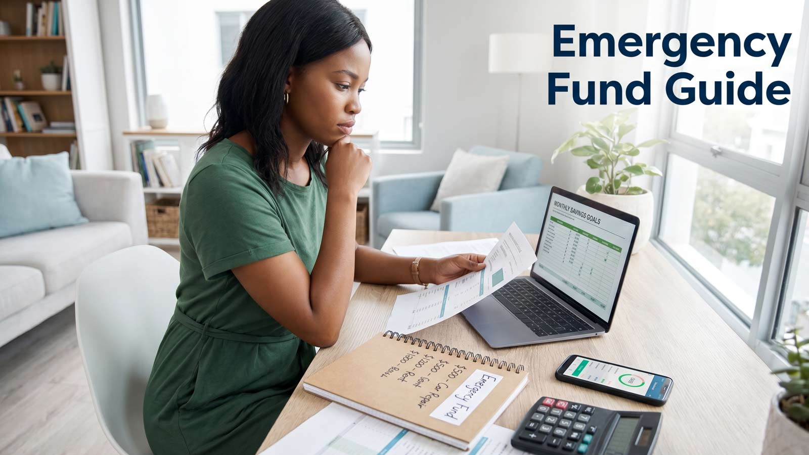 Emergency Fund Guide How Much to Save and Why It Matters Person planning emergency fund savings with laptop and notebook at home desk
