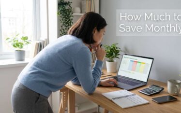 Person calculating monthly savings with laptop and notebook at home desk
