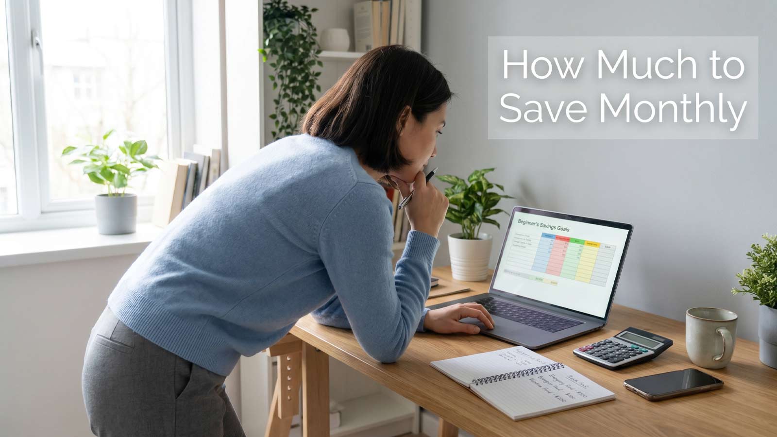 Person calculating monthly savings with laptop and notebook at home desk