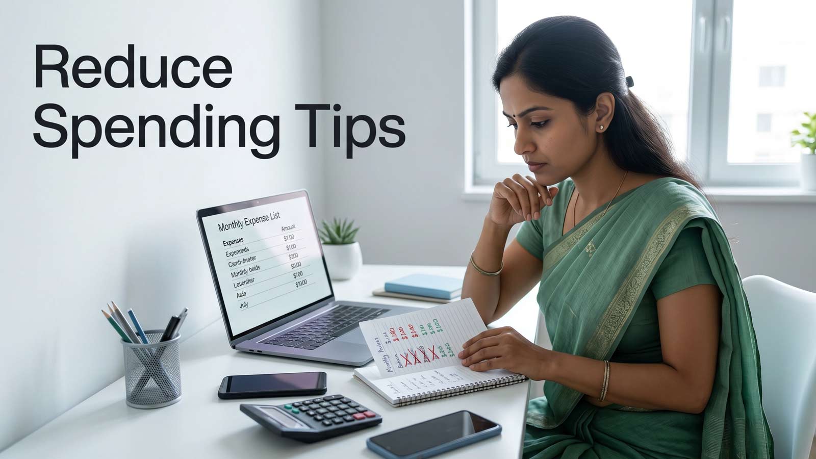 Person reviewing expenses and cutting monthly costs at home desk